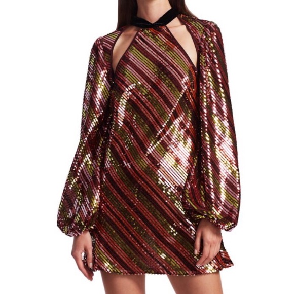 RIXO Sequin Stripe Brown Olive Pink Dress Sz M